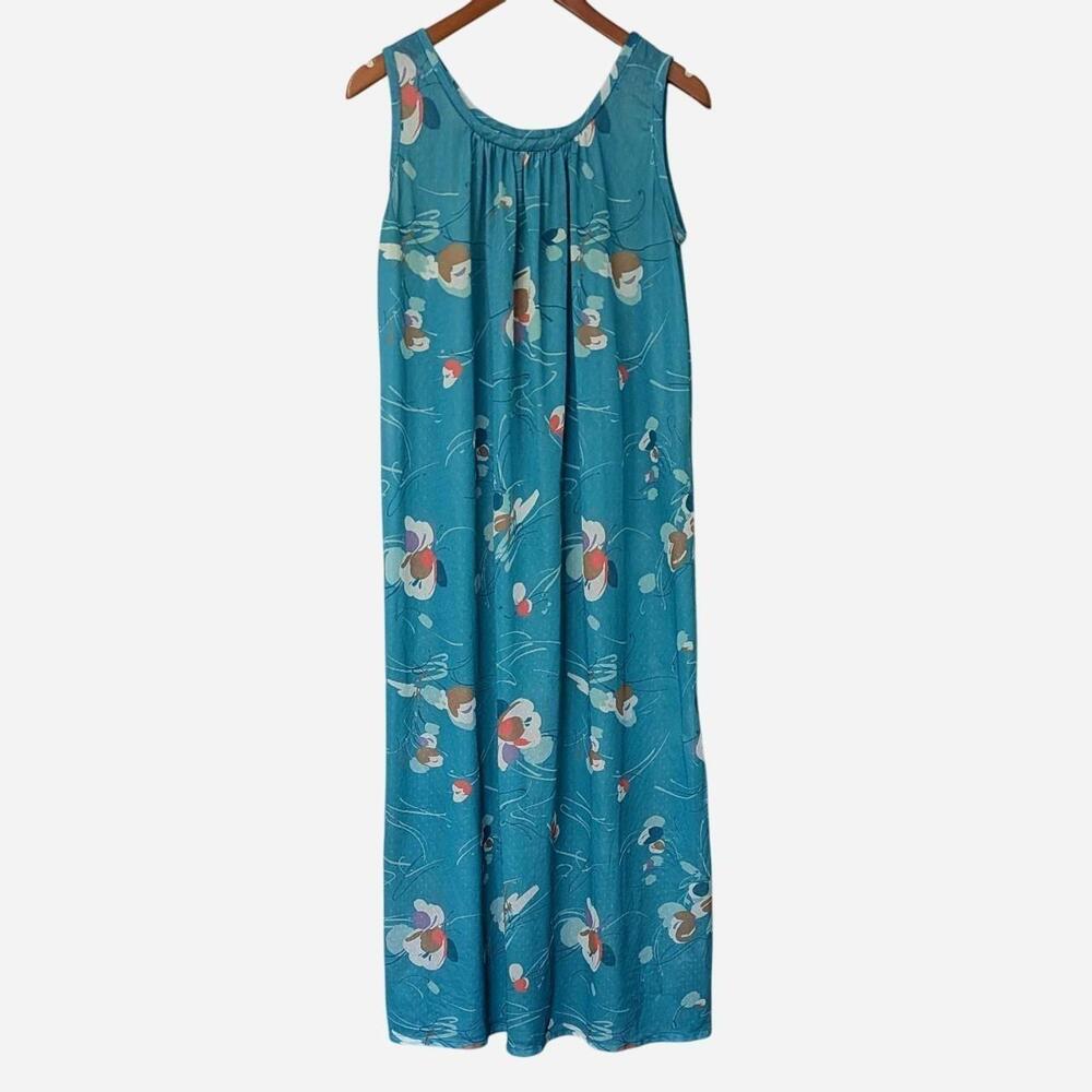Vintage 70s Sheer Floral Maxi Dress/Kaftan Teal Boho Slip Dress